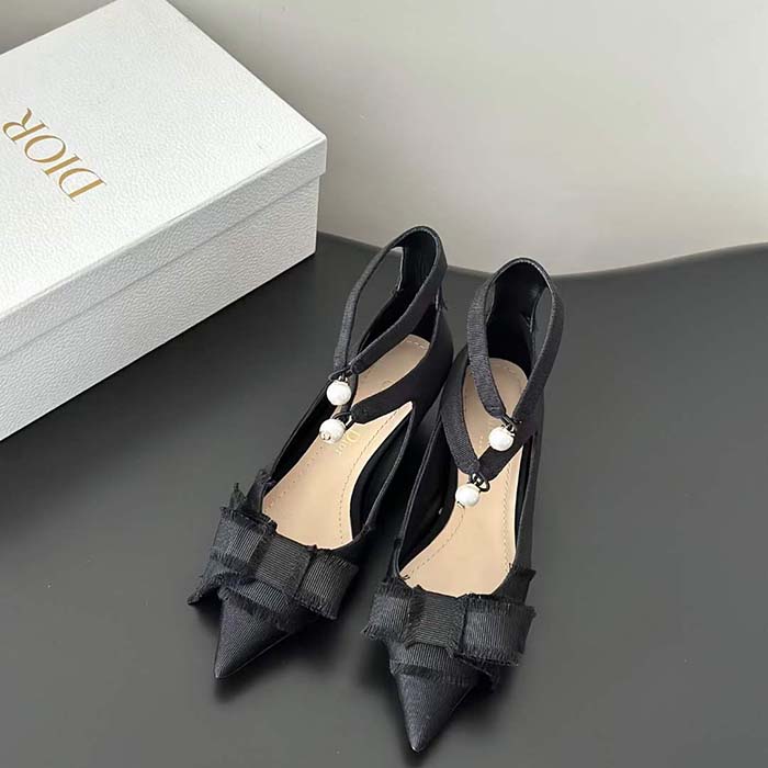 Dior CD Women Adiorable Pump Black Fringed Grosgrain Bow 4 cm Heel