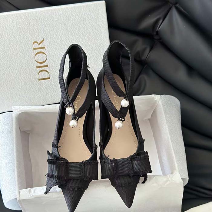 Dior CD Women Adiorable Pump Black Fringed Grosgrain Bow 4 cm Heel