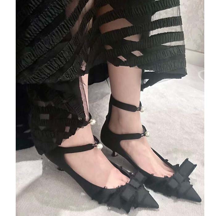 Dior CD Women Adiorable Pump Black Fringed Grosgrain Bow 4 cm Heel