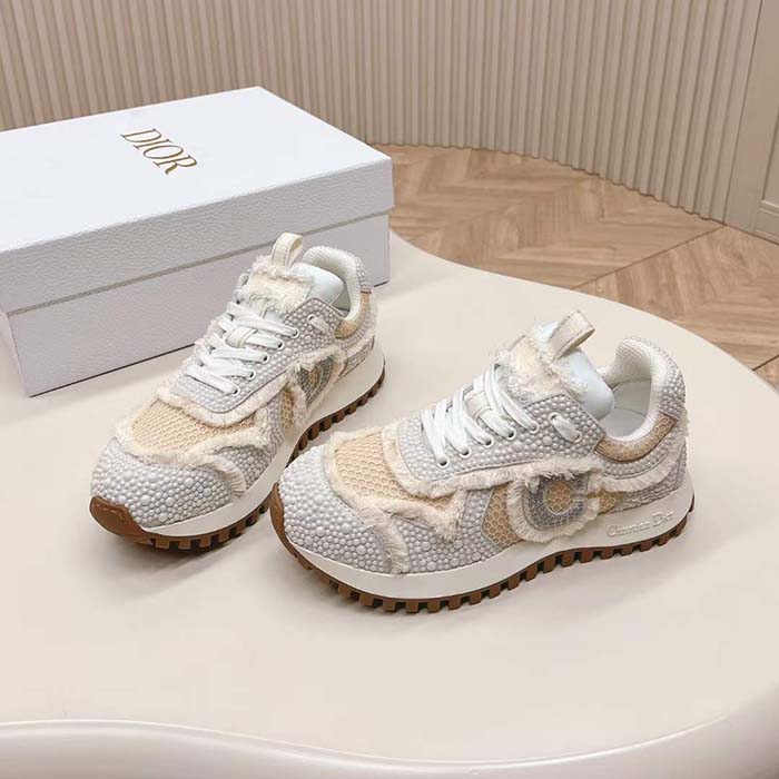 Dior CD Women C’est Dior Sneaker Embroidered Cotton Champagne Resin Pearls Mesh