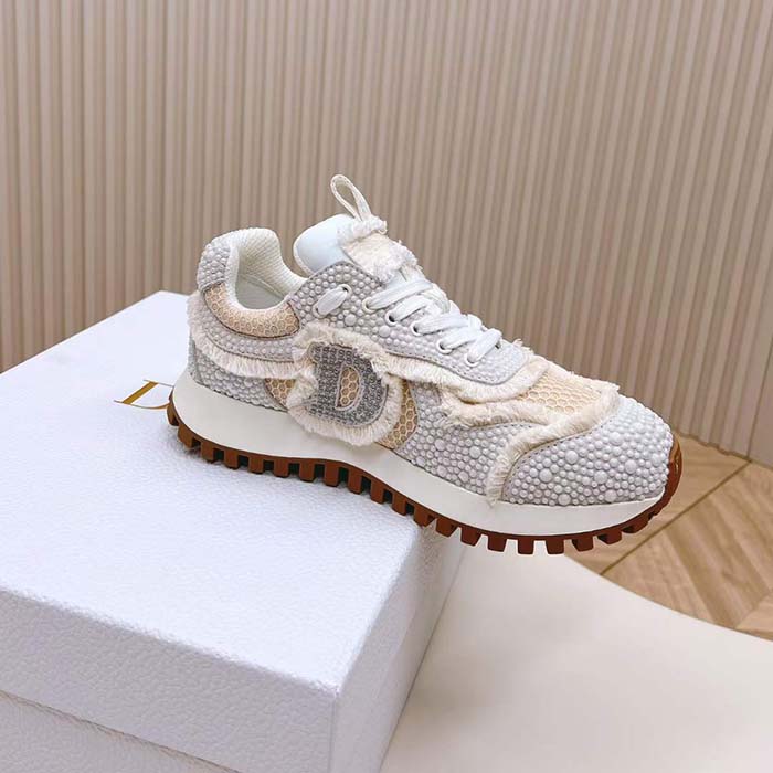 Dior CD Women C’est Dior Sneaker Embroidered Cotton Champagne Resin Pearls Mesh