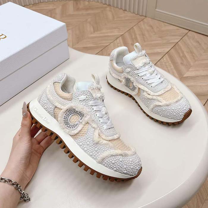 Dior CD Women C’est Dior Sneaker Embroidered Cotton Champagne Resin Pearls Mesh