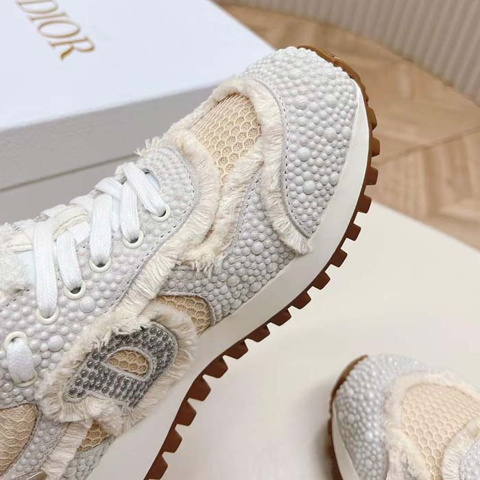Dior CD Women C’est Dior Sneaker Embroidered Cotton Champagne Resin Pearls Mesh