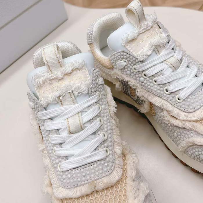 Dior CD Women C’est Dior Sneaker Embroidered Cotton Champagne Resin Pearls Mesh