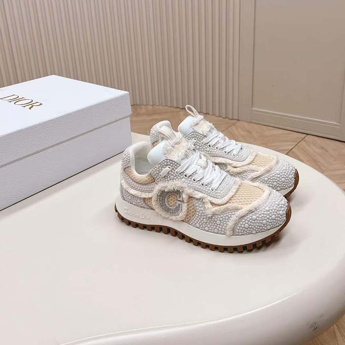 Dior CD Women C’est Dior Sneaker Embroidered Cotton Champagne Resin Pearls Mesh