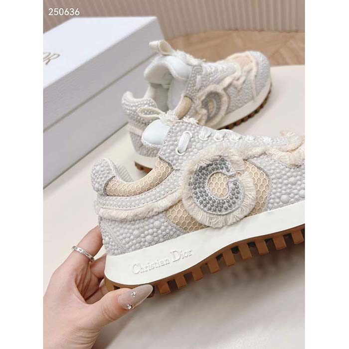 Dior CD Women C’est Dior Sneaker Embroidered Cotton Champagne Resin Pearls Mesh