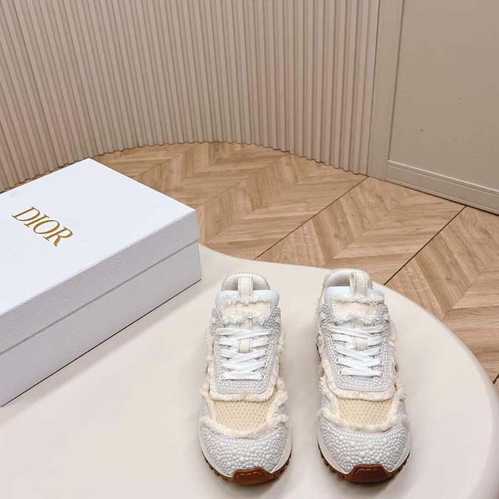 Dior CD Women C’est Dior Sneaker Embroidered Cotton Champagne Resin Pearls Mesh