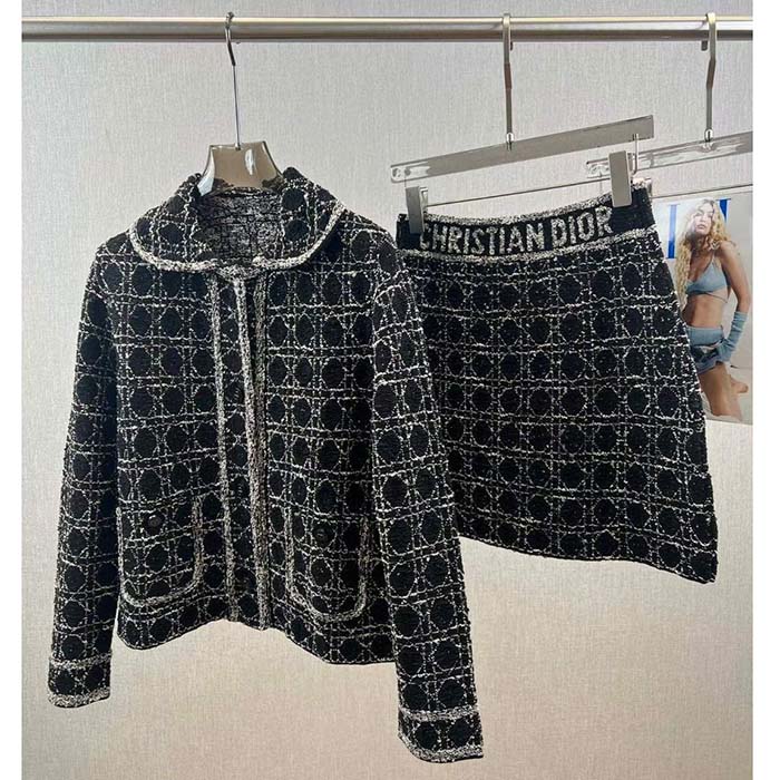 Dior CD Women Macrocannage Jacket Black White Technical Cotton Tweed