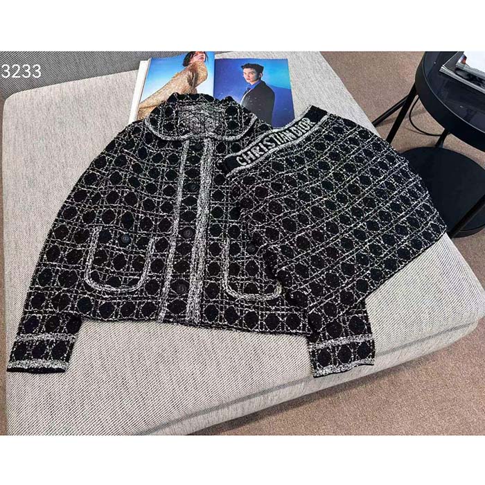 Dior CD Women Macrocannage Jacket Black White Technical Cotton Tweed