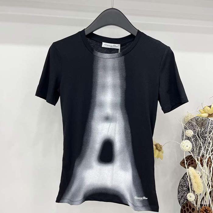 Dior Women T-Shirt Black White Cotton Linen Jersey Eiffel Tower Motif