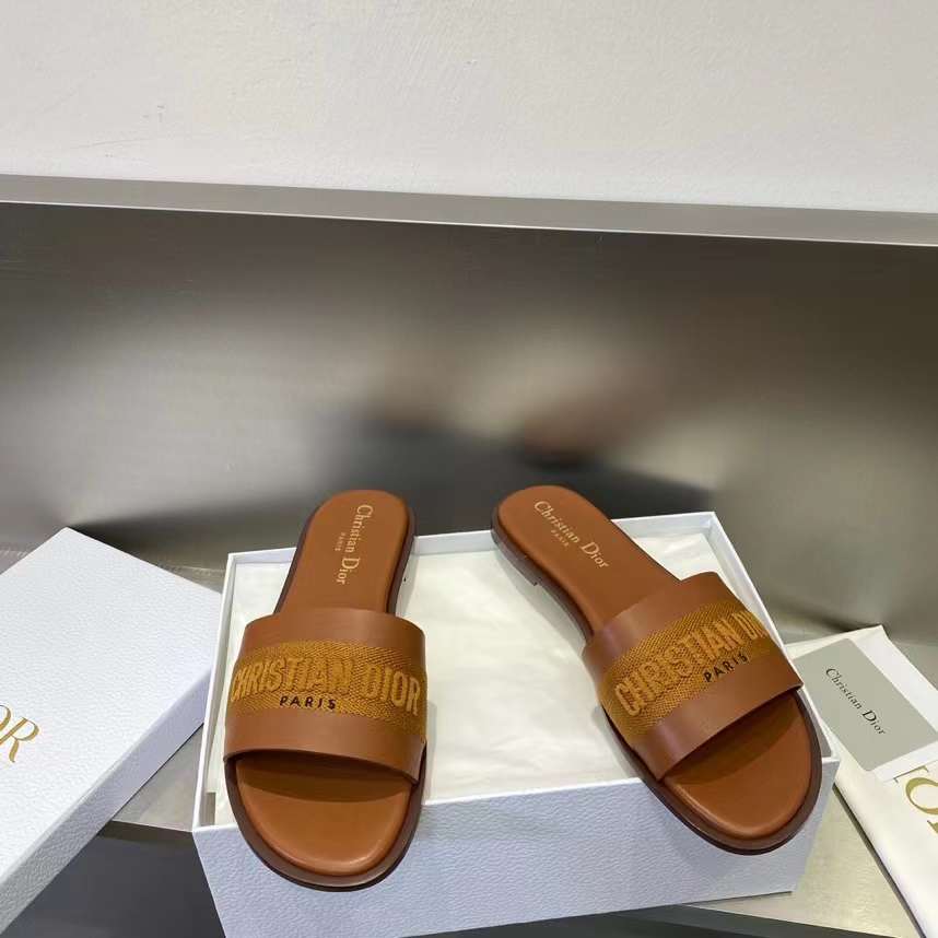 Dior Unisex CD Dway Slide Camel Calfskin Embroidered Cotton