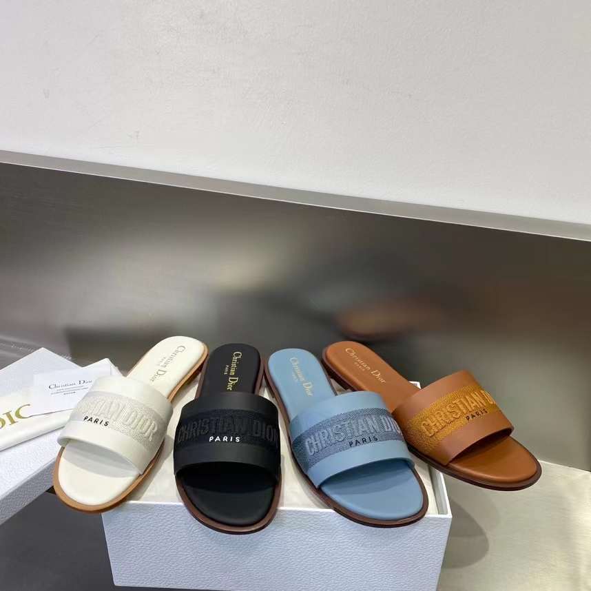 Dior Unisex CD Dway Slide Pastel Blue Calfskin Embroidered Cotton
