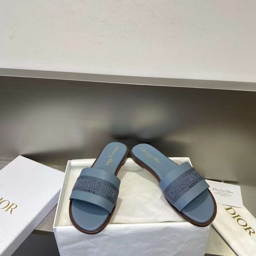 Dior Unisex CD Dway Slide Pastel Blue Calfskin Embroidered Cotton