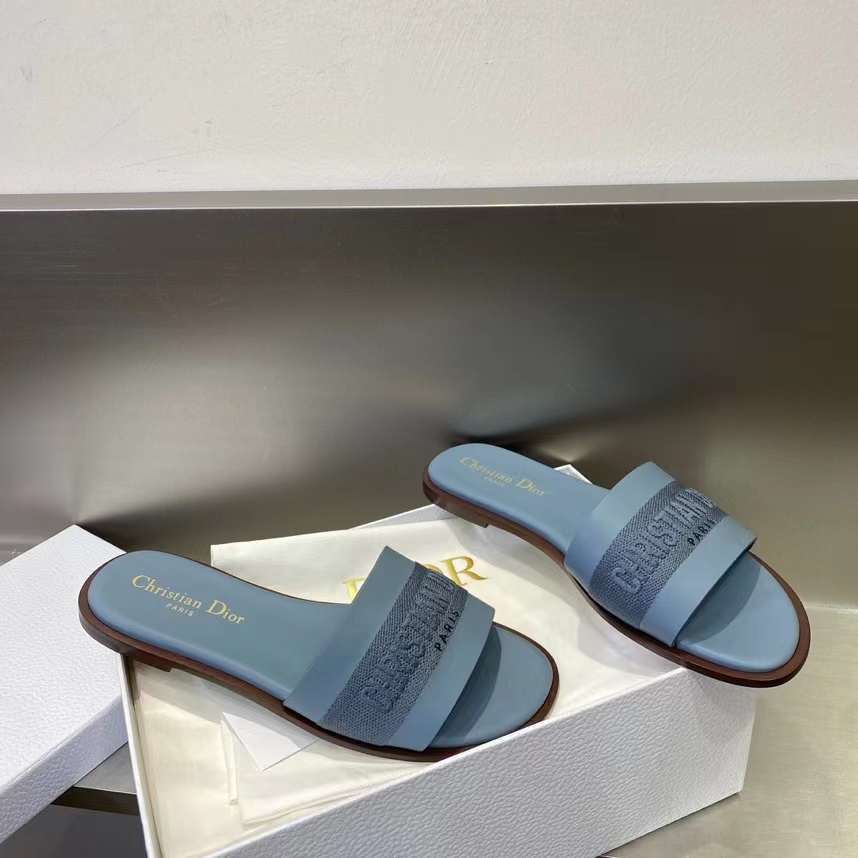 Dior Unisex CD Dway Slide Pastel Blue Calfskin Embroidered Cotton