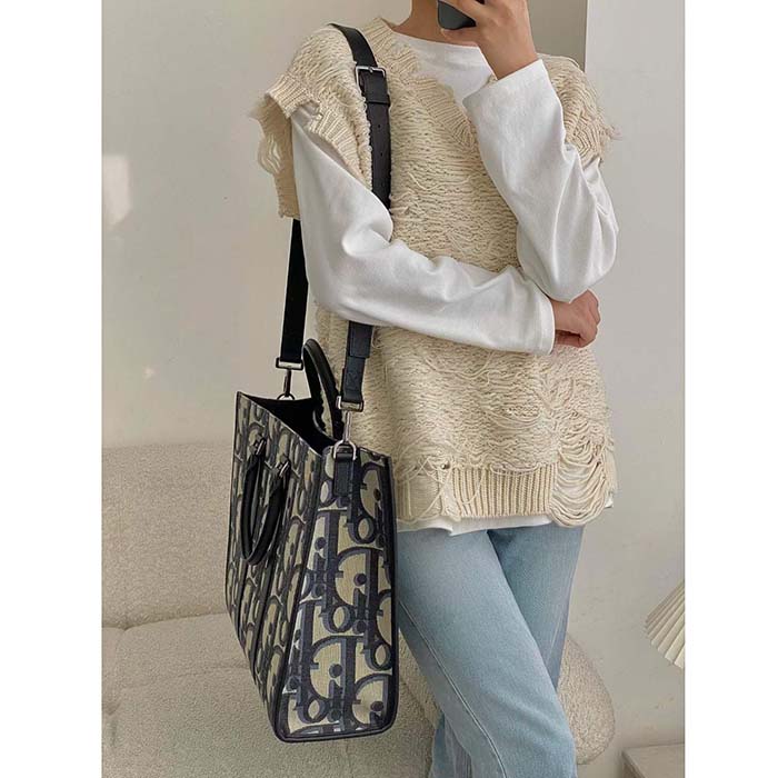 Dior Unisex CD East-West Tote Bag Beige Black Maxi Oblique Jacquard