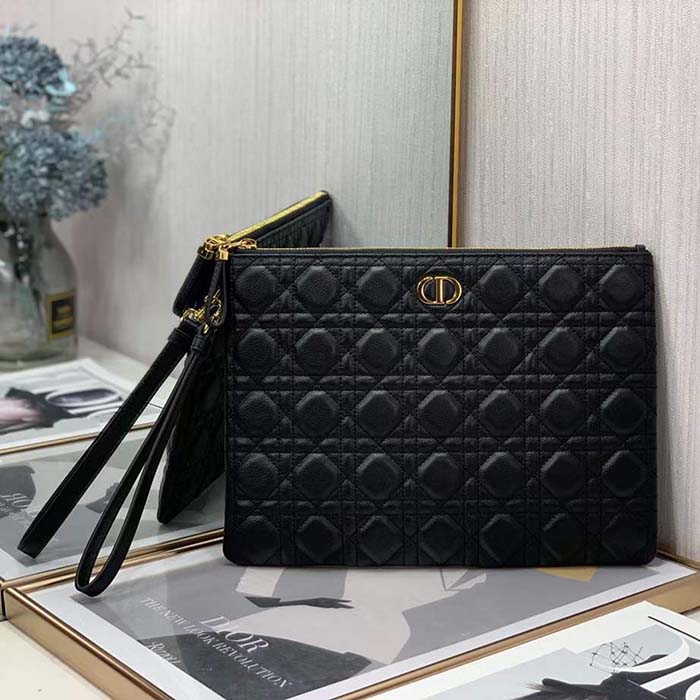 Dior Unisex CD Large Caro Daily Pouch Black Supple Cannage Calfskin