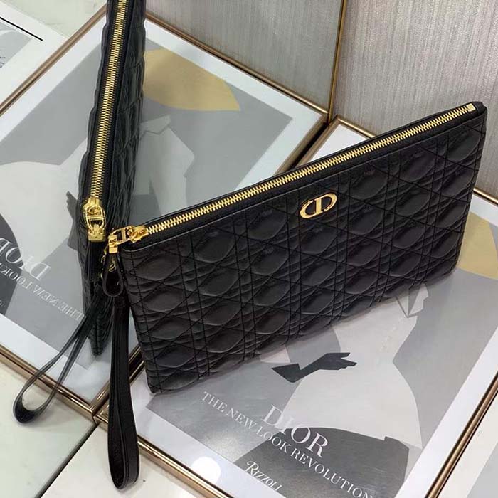 Dior Unisex CD Large Caro Daily Pouch Black Supple Cannage Calfskin