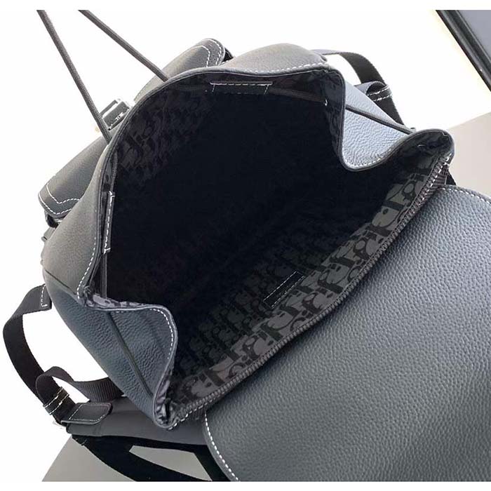 Dior Unisex CD Saddle Backpack Black Grained Calfskin Contrasting Topstitching