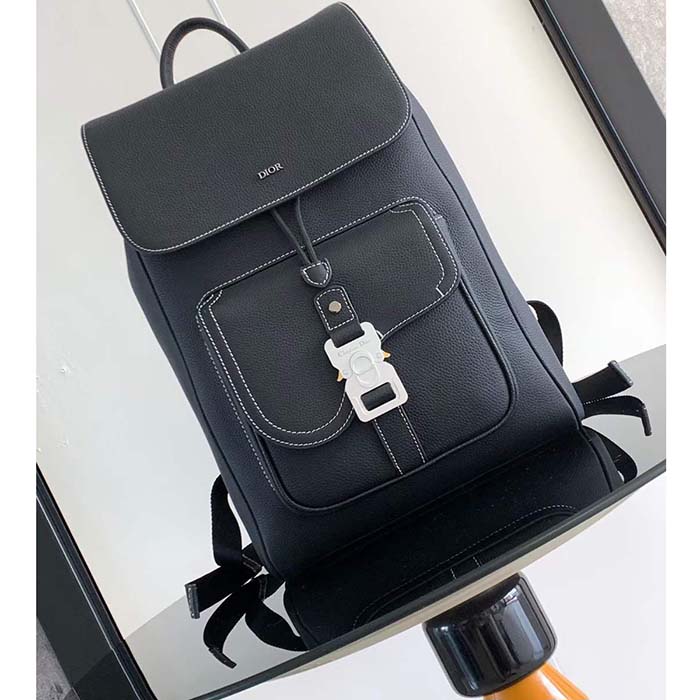 Dior Unisex CD Saddle Backpack Black Grained Calfskin Contrasting Topstitching