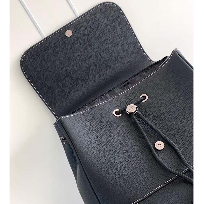 Dior Unisex CD Saddle Backpack Black Grained Calfskin Contrasting Topstitching
