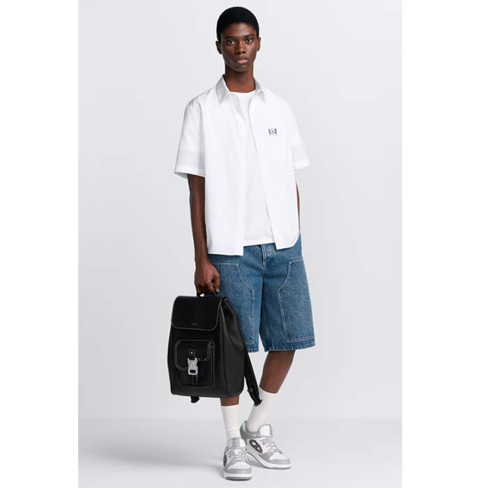 Dior Unisex CD Saddle Backpack Black Grained Calfskin Contrasting Topstitching