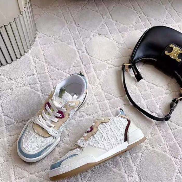 Dior Unisex Dior One Sneaker White Oblique Perforated Calfskin Multicolor Suede Calfskin
