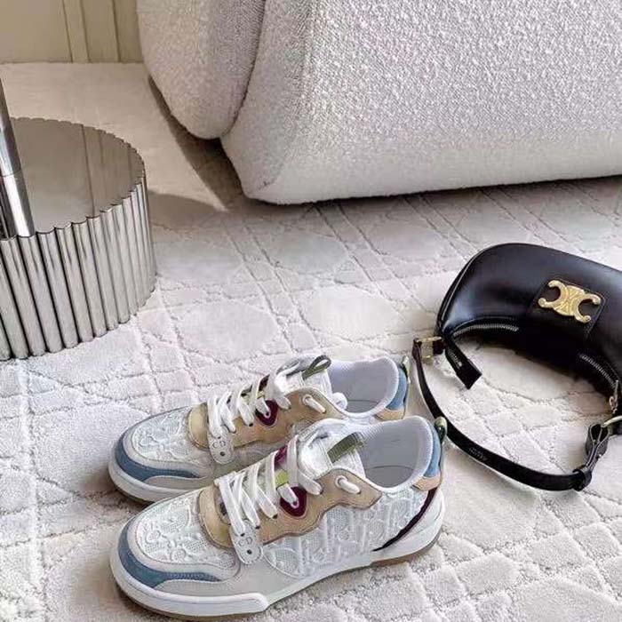Dior Unisex Dior One Sneaker White Oblique Perforated Calfskin Multicolor Suede Calfskin