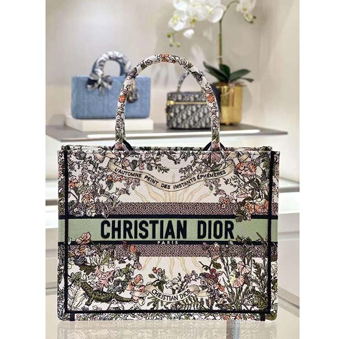 Dior Unisex Large Dior Book Tote Ecru Multicolor 4 Saisons Automne Soleil Embroidery