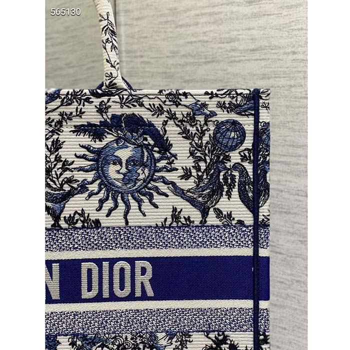 Dior Unisex Medium Book Tote White Navy Blue Toile De Jouy Soleil Embroidery