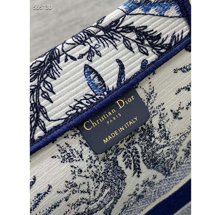 Dior Unisex Medium Book Tote White Navy Blue Toile De Jouy Soleil Embroidery
