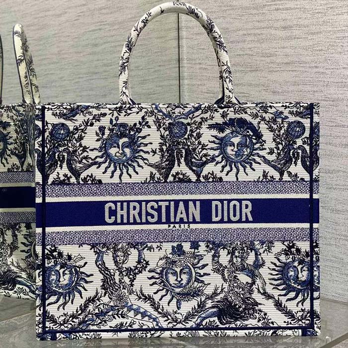 Dior Unisex Medium Book Tote White Navy Blue Toile De Jouy Soleil Embroidery