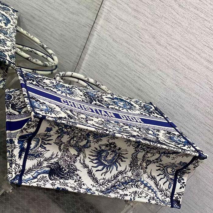 Dior Unisex Medium Book Tote White Navy Blue Toile De Jouy Soleil Embroidery