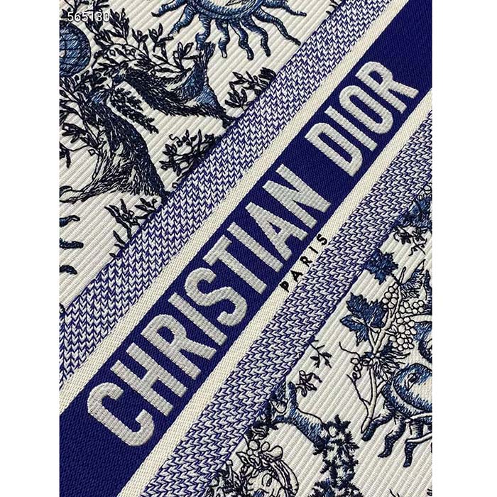Dior Unisex Medium Book Tote White Navy Blue Toile De Jouy Soleil Embroidery