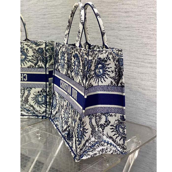 Dior Unisex Medium Book Tote White Navy Blue Toile De Jouy Soleil Embroidery