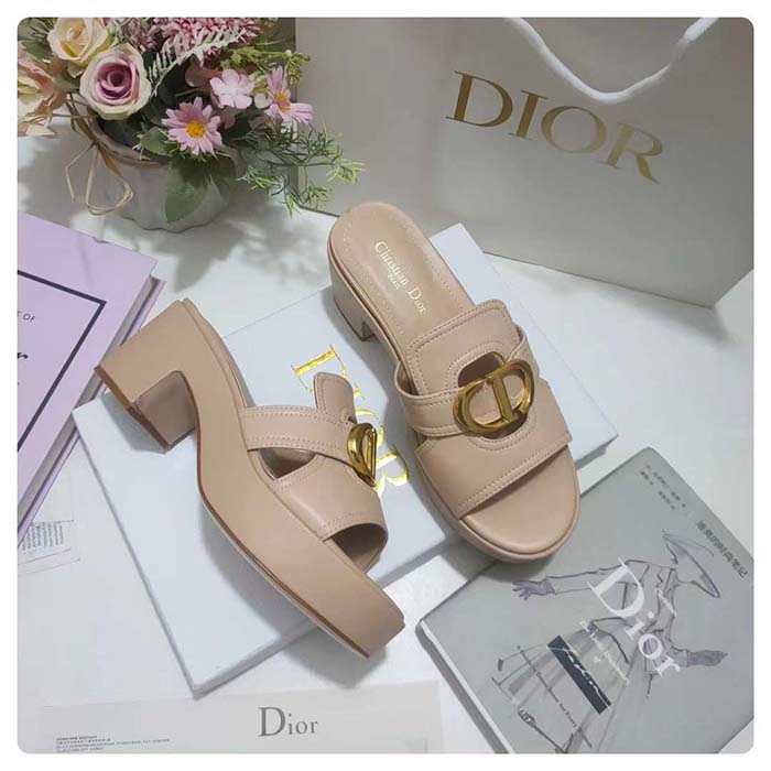 Dior Women CD 30 Montaigne Heeled Slide Powder Pink Calfskin