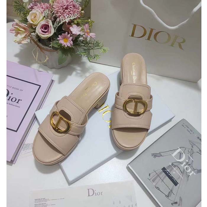 Dior Women CD 30 Montaigne Heeled Slide Powder Pink Calfskin