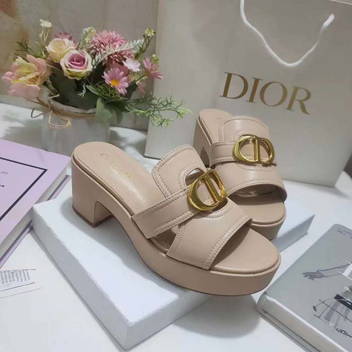 Dior Women CD 30 Montaigne Heeled Slide Powder Pink Calfskin