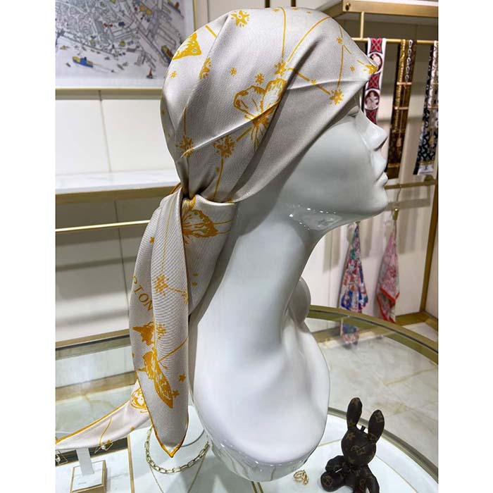 Dior Women CD Butterfly Zodiac 70 Square Scarf Ivory Gold-Tone Silk Twill