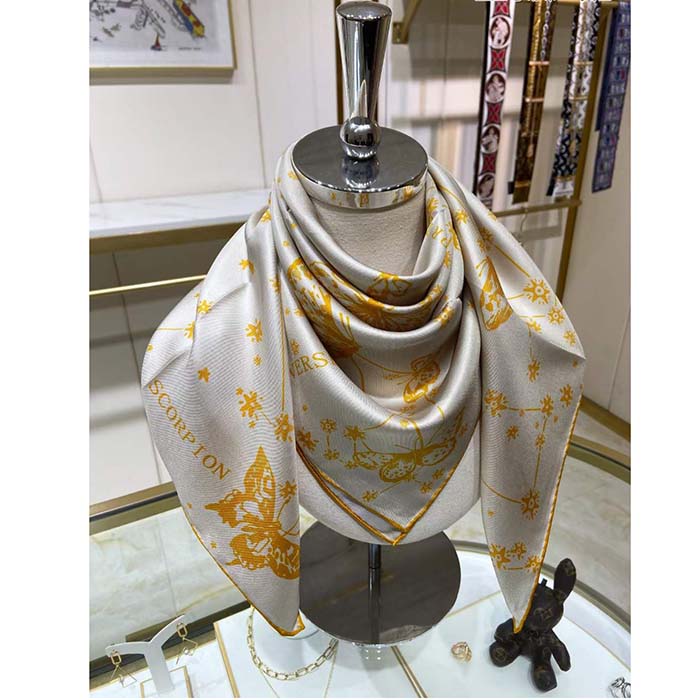 Dior Women CD Butterfly Zodiac 70 Square Scarf Ivory Gold-Tone Silk Twill