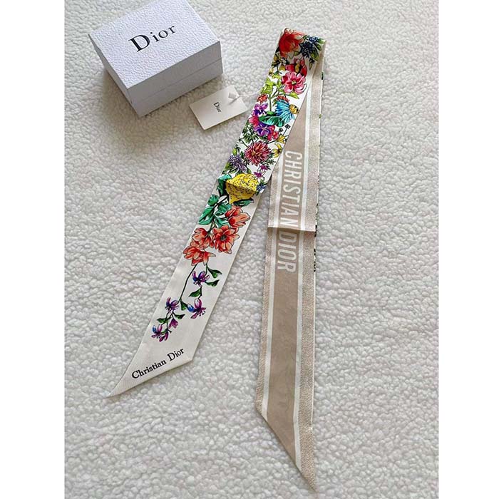 Dior Women CD D-Floral Mitzah Scarf White Multicolor Silk Twill