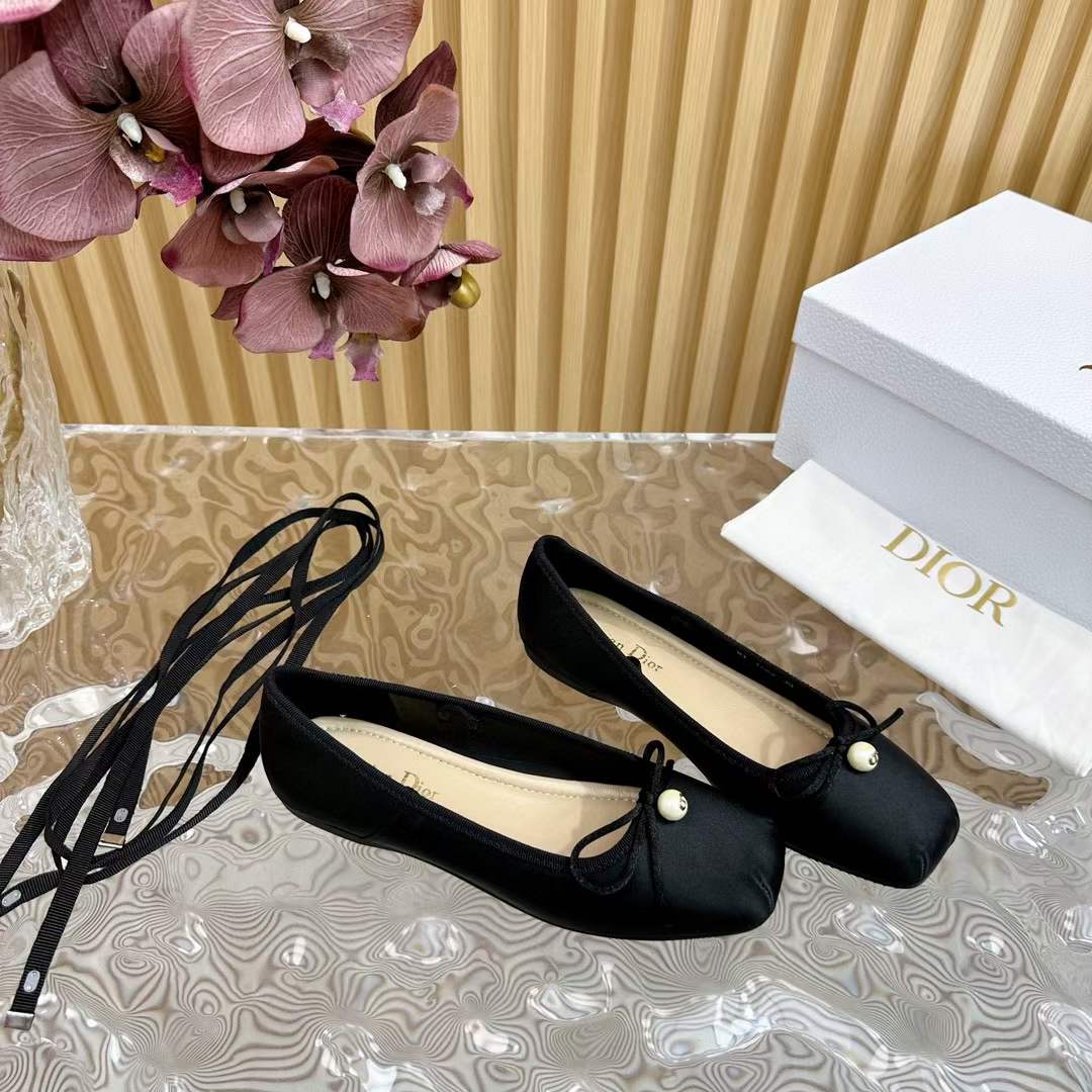 Dior Women CD D-Joy Ballet Flat Black Satin Grosgrain