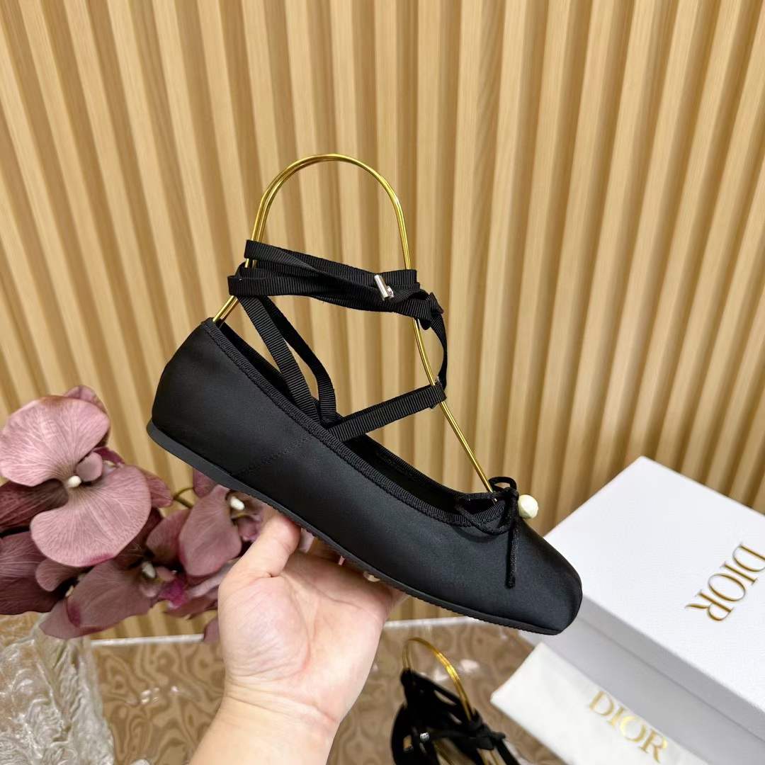 Dior Women CD D-Joy Ballet Flat Black Satin Grosgrain