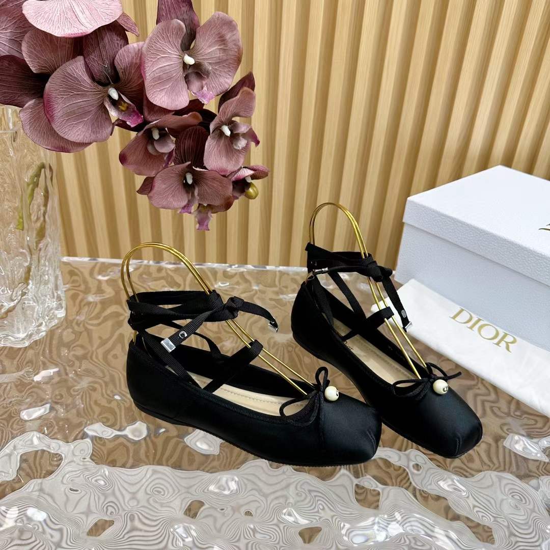 Dior Women CD D-Joy Ballet Flat Black Satin Grosgrain