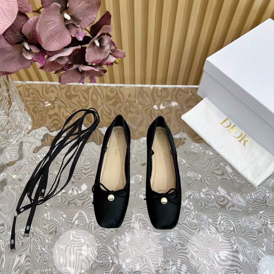 Dior Women CD D-Joy Ballet Flat Black Satin Grosgrain