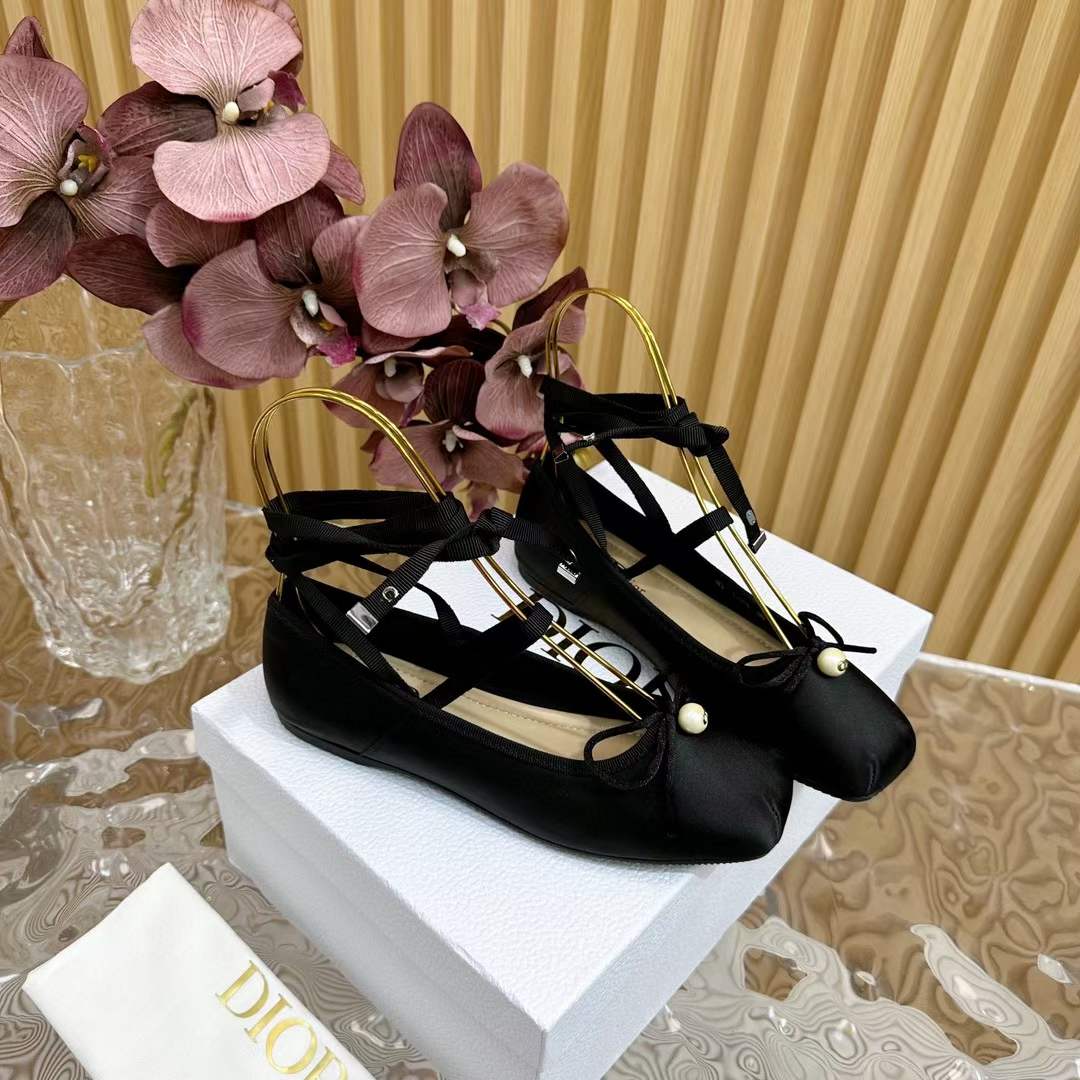 Dior Women CD D-Joy Ballet Flat Black Satin Grosgrain