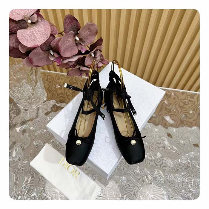 Dior Women CD D-Joy Ballet Flat Black Satin Grosgrain