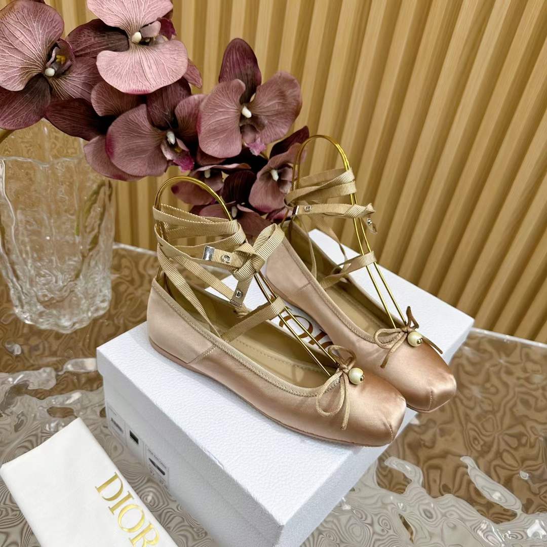 Dior Women CD D-Joy Ballet Flat Pink Beige Satin Grosgrain