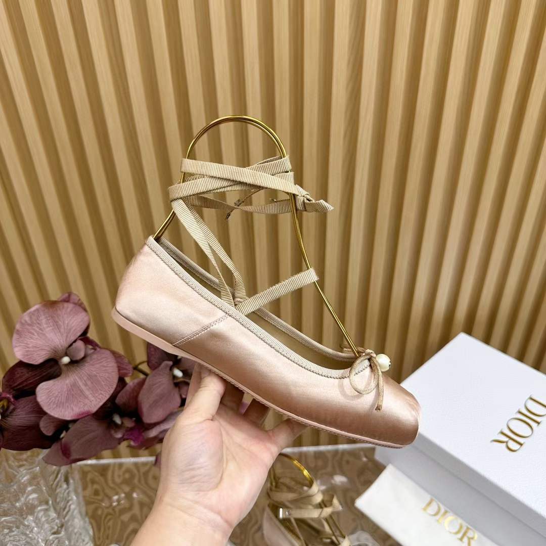 Dior Women CD D-Joy Ballet Flat Pink Beige Satin Grosgrain