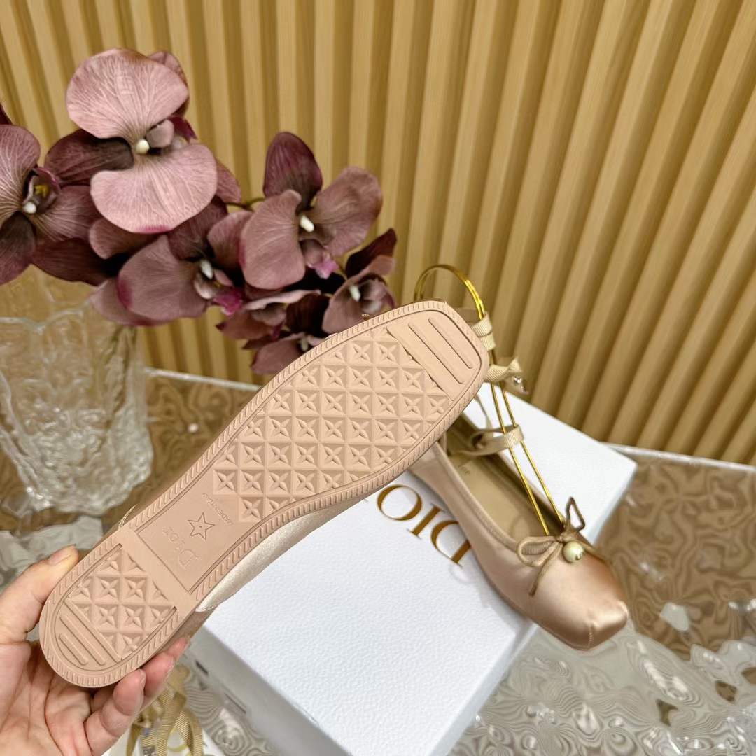 Dior Women CD D-Joy Ballet Flat Pink Beige Satin Grosgrain