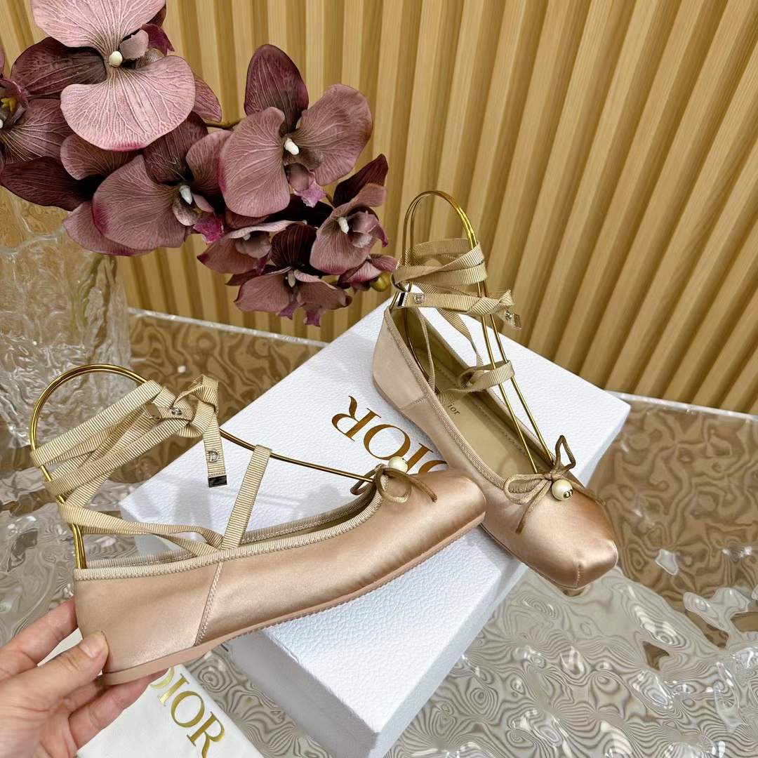Dior Women CD D-Joy Ballet Flat Pink Beige Satin Grosgrain